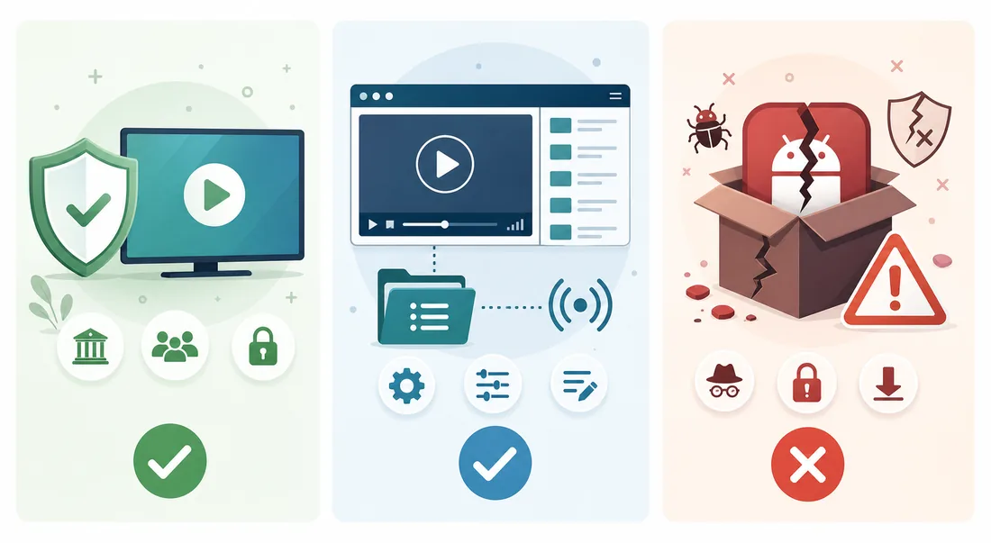 Graphique comparatif entre apps officielles gratuites, lecteurs IPTV et APK clonés à risque