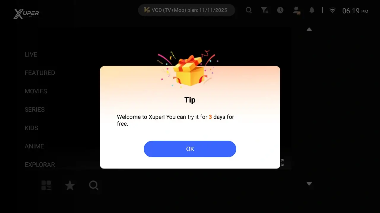 Xuper TV Login-Hinweis zur Pruefung von Zugang und Konto